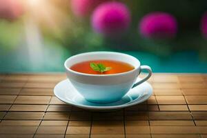 un' tazza di tè su un' tavolo con un' fiore sfondo. ai-generato foto