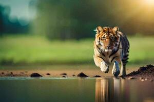 un' tigre in esecuzione attraverso il acqua. ai-generato foto