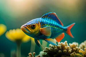 un' pesce con luminosa colori nuoto nel il oceano. ai-generato foto