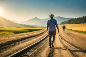 un' uomo a piedi su un' Ferrovia traccia nel il mezzo di un' campo. ai-generato foto