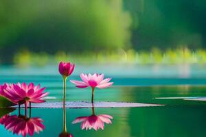 Due rosa loto fiori siamo galleggiante nel il acqua. ai-generato foto