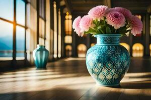 un' blu vaso con rosa fiori seduta su un' di legno pavimento. ai-generato foto