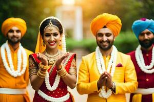indiano nozze festa con sposa e sposo. ai-generato foto