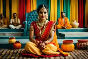 un' bellissimo indiano sposa seduta su il pavimento con sua famiglia. ai-generato foto