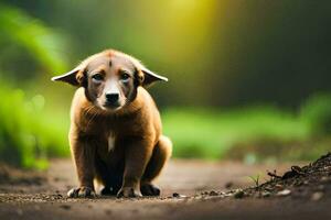 un' cucciolo è seduta su il terra nel il mezzo di un' campo. ai-generato foto