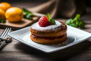 un' fragola e Limone torta su un' bianca piatto. ai-generato foto