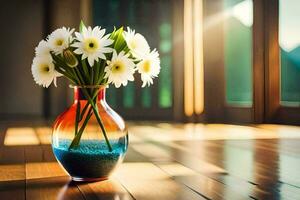 un' vaso con bianca fiori seduta su un' di legno pavimento. ai-generato foto