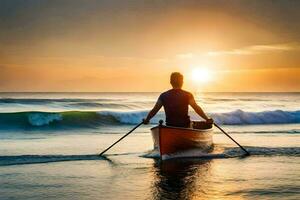 uomo nel un' canoa paddling nel il oceano a tramonto. ai-generato foto