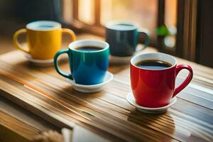 quattro caffè tazze su un' tavolo. ai-generato foto