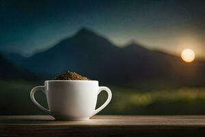 caffè tazza su un' tavolo con montagne nel il sfondo. ai-generato foto