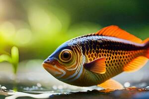 un' pesce è in piedi su il acqua con erba nel il sfondo. ai-generato foto