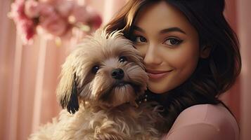 giovane donna sorridente con sua piccolo animale domestico cane, concetto di compagnia, ai generato foto