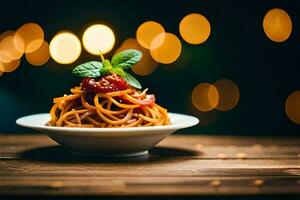 un' piatto di spaghetti con pomodoro salsa e basilico le foglie su un' di legno tavolo. ai-generato foto