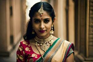 un' bellissimo indiano donna indossare un' tradizionale sari. ai-generato foto