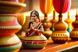 un' donna nel tradizionale indiano abbigliamento seduta su un' grande pentola. ai-generato foto