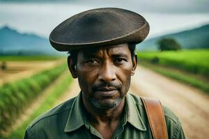 un' uomo indossare un' cappello sta nel un' campo. ai-generato foto