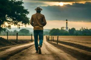 un' uomo a piedi giù un' sporco strada nel il nazione. ai-generato foto