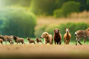 un' gruppo di animali a piedi nel un' campo. ai-generato foto