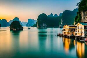 il tramonto al di sopra di halong baia. ai-generato foto