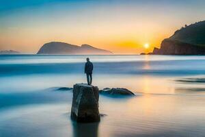un' uomo in piedi su un' roccia nel il oceano a tramonto. ai-generato foto