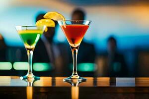 Due colorato cocktail su un' bar contatore. ai-generato foto
