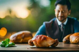 un' uomo nel un' completo da uomo è Tenere un' pezzo di pollo. ai-generato foto