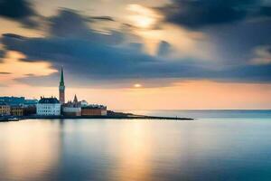 il sole imposta al di sopra di il città di stoccolma. ai-generato foto