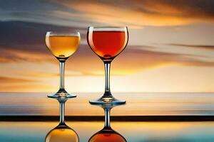 Due vino bicchieri con diverso colorato liquidi su un' tavolo. ai-generato foto