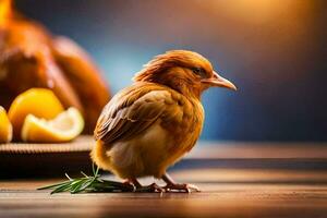 un' piccolo uccello è in piedi Il prossimo per un' piatto di arance. ai-generato foto