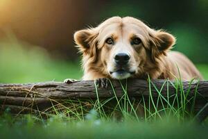 un' d'oro cane da riporto è riposo su un' log nel il erba. ai-generato foto