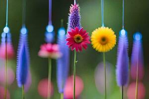 colorato fiori siamo sospeso a partire dal un' corda. ai-generato foto