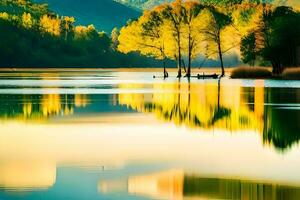 un' lago con alberi e montagne nel il sfondo. ai-generato foto