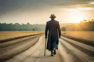 un' uomo nel un' lungo cappotto e cappello a piedi giù un' sporco strada. ai-generato foto