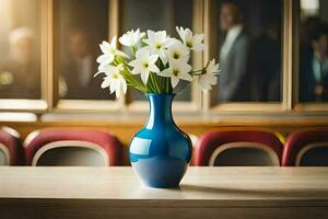 un' blu vaso con bianca fiori su un' tavolo. ai-generato foto