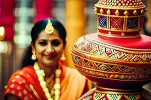 un' donna nel tradizionale indiano abbigliamento in piedi Il prossimo per un' grande pentola. ai-generato foto