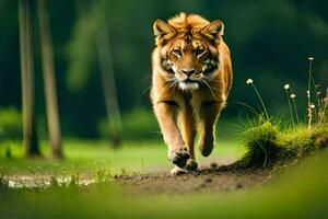 un' tigre a piedi su il sentiero nel il foresta. ai-generato foto