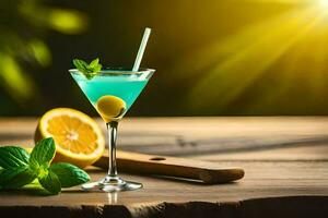 blu cocktail con Limone e menta su un' di legno tavolo. ai-generato foto