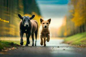 Due cani in esecuzione giù un' strada nel il mezzo di il giorno. ai-generato foto