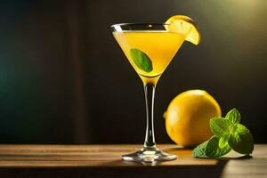 un' cocktail con Limone e menta su un' di legno tavolo. ai-generato foto