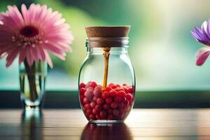 un' bottiglia pieno con rosso frutti di bosco e un' vaso con rosa fiori. ai-generato foto
