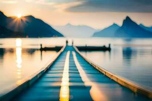 un' molo nel il mezzo di un' lago a tramonto. ai-generato foto