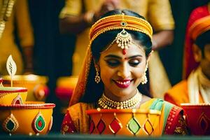 un' sposa nel tradizionale indiano abbigliamento è sorridente. ai-generato foto