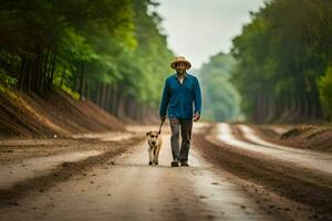 un' uomo a piedi il suo cane giù un' sporco strada. ai-generato foto