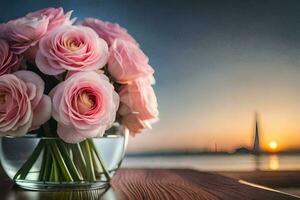 rosa Rose nel un' vaso su un' tavolo con un' Visualizza di il Washington monumento. ai-generato foto