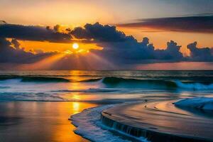tramonto, onde, il oceano, il spiaggia, il sole, HD sfondo. ai-generato foto