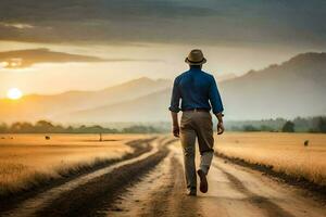 un' uomo a piedi giù un' sporco strada a tramonto. ai-generato foto