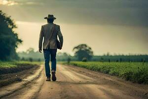 un' uomo nel un' cowboy cappello passeggiate giù un' sporco strada. ai-generato foto