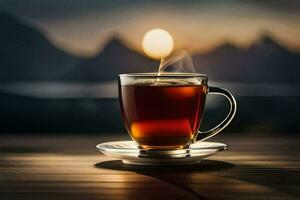 un' tazza di tè su un' di legno tavolo con montagne nel il sfondo. ai-generato foto