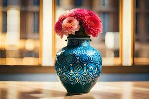 un' blu vaso con rosa fiori seduta su un' tavolo. ai-generato foto
