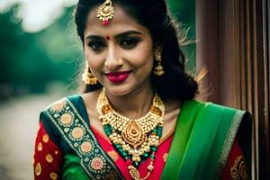 bellissimo indiano sposa nel tradizionale abbigliamento. ai-generato foto